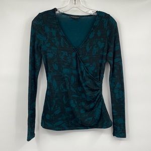 Rock & Republic Teal Green and Black Floral Wrap Long Sleeve Top